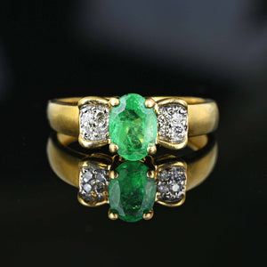 Estate Diamond Bow Natural Emerald Ring in 14K Gold | Boylerpf