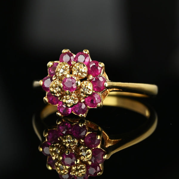 Vintage Diamond Flower Cluster Ruby Ring in 10K Gold - Boylerpf