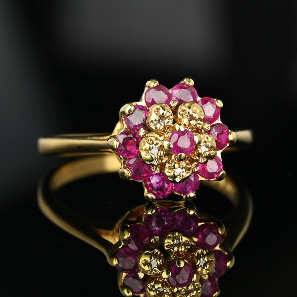 Vintage Diamond Flower Cluster Ruby Ring in 10K Gold - Boylerpf