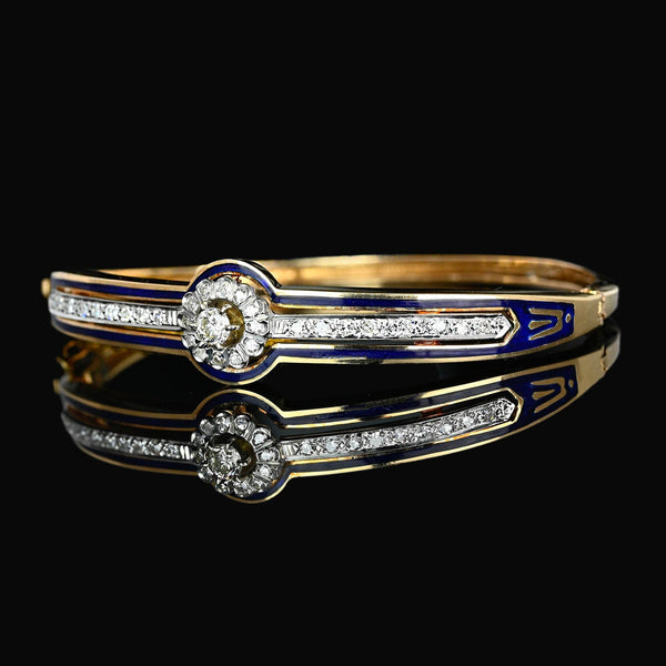 Victorian Revival Cobalt Enamel and Diamond Bracelet Bangle