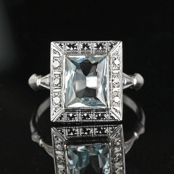 Art Deco Diamond Accent Aquamarine Ring in White Gold - Boylerpf