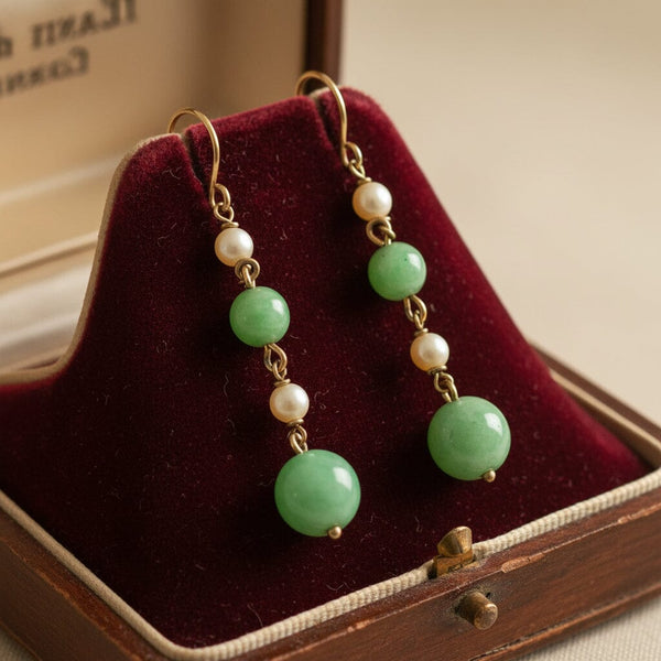Vintage Jadeite Pearl Drop Earrings in 9K Gold - Boylerpf