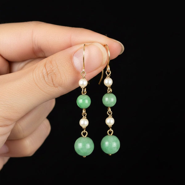 Vintage Jadeite Pearl Drop Earrings in 9K Gold - Boylerpf