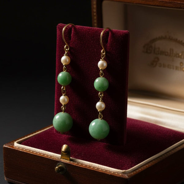 Vintage Jadeite Pearl Drop Earrings in 9K Gold - Boylerpf