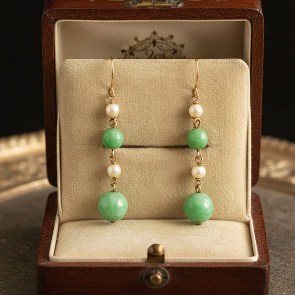 Vintage Jadeite Pearl Drop Earrings in 9K Gold - Boylerpf
