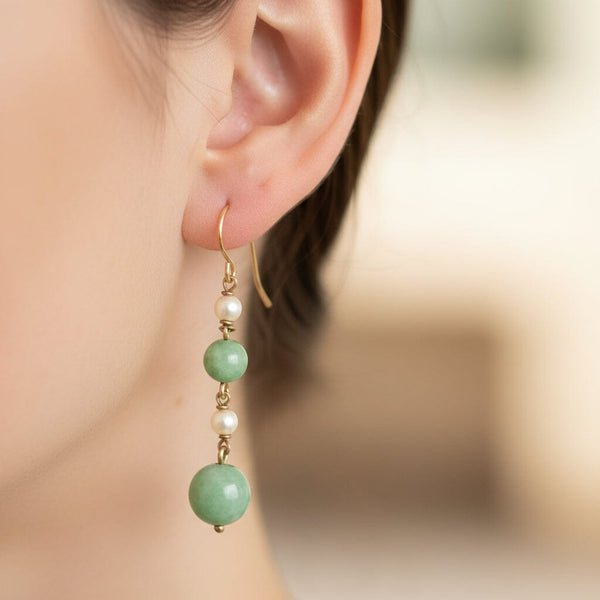 Vintage Jadeite Pearl Drop Earrings in 9K Gold - Boylerpf