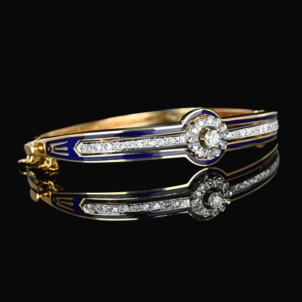 Victorian Revival Cobalt Enamel and Diamond Bracelet Bangle