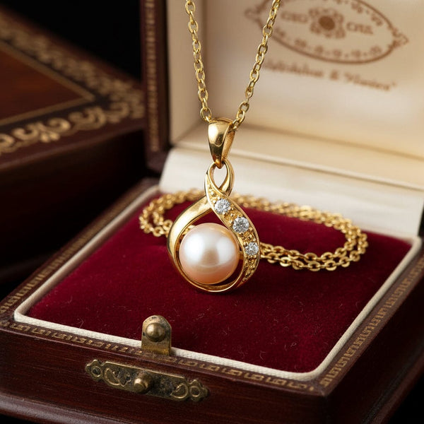 18K Gold Pearl Diamond Pendant Necklace, Estate Elegant Jewel - Boylerpf