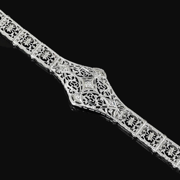 Art Deco 14K White Gold Floral Filigree Diamond Bracelet - Boylerpf