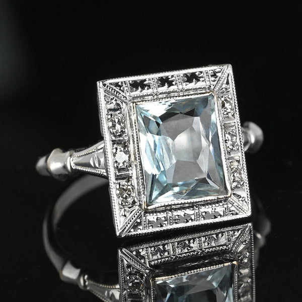 Art Deco Diamond Accent Aquamarine Ring in White Gold - Boylerpf