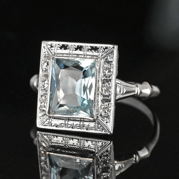 Art Deco Diamond Accent Aquamarine Ring in White Gold - Boylerpf