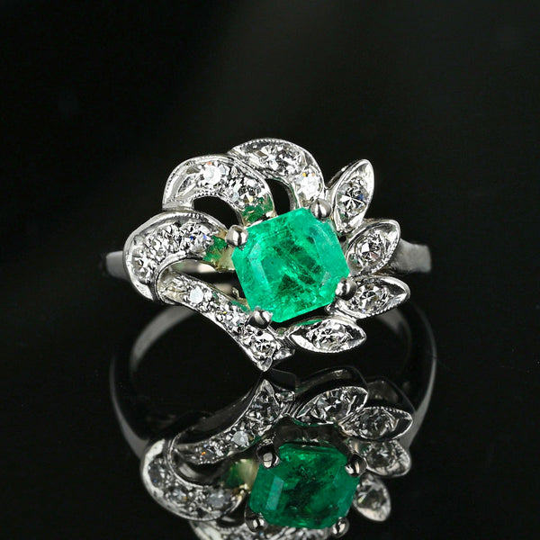 Art Deco 14K White Gold Diamond Emerald Ring - Boylerpf