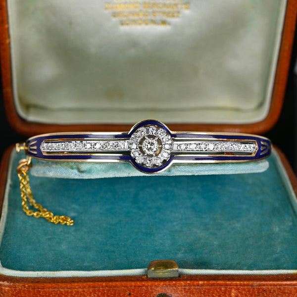 Victorian Revival Cobalt Enamel and Diamond Bracelet Bangle