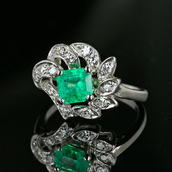 Art Deco 14K White Gold Diamond Emerald Ring - Boylerpf