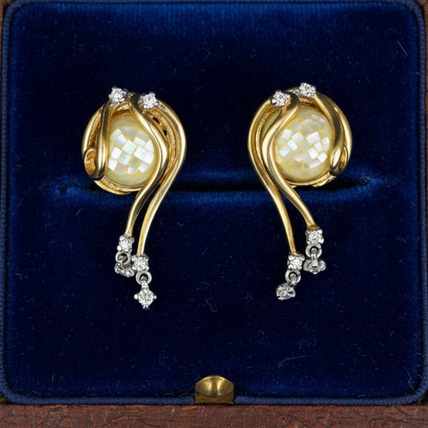 Vintage Italian 14K Gold Mosaic Pearl Diamond Earrings - Boylerpf