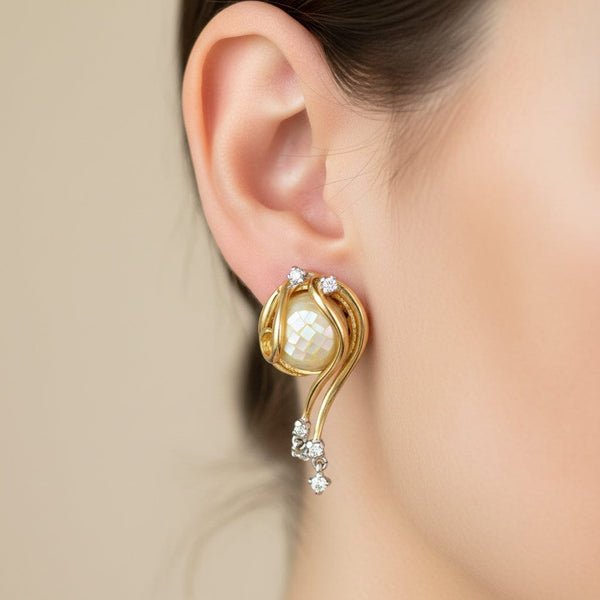 Vintage Italian 14K Gold Mosaic Pearl Diamond Earrings - Boylerpf