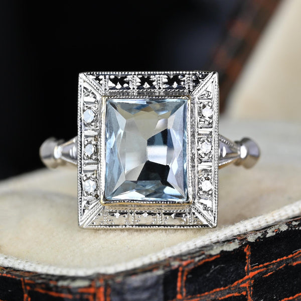 Art Deco Diamond Accent Aquamarine Ring in White Gold - Boylerpf