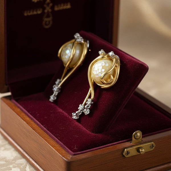 Vintage Italian 14K Gold Mosaic Pearl Diamond Earrings - Boylerpf