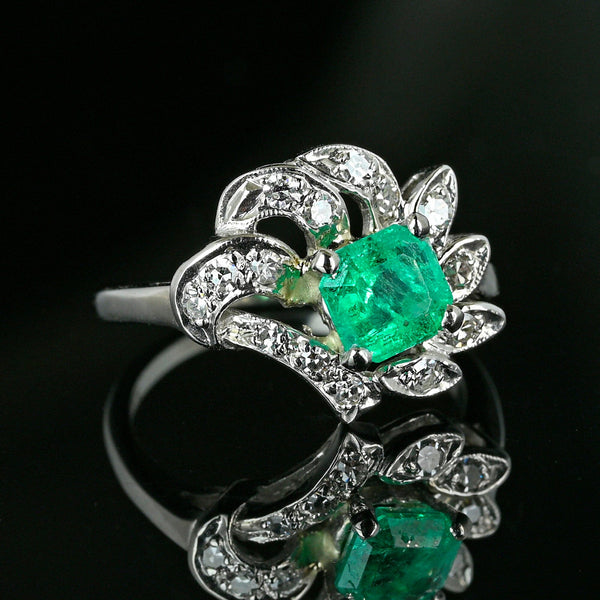 Art Deco 14K White Gold Diamond Emerald Ring - Boylerpf