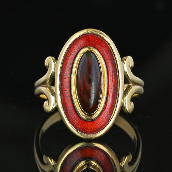 Art Deco Guilloche Enamel Garnet Cabochon Ring in 14K Gold - Boylerpf