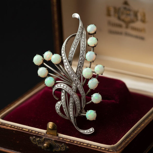 Art Deco Opal Brooch 9.5ct Floral Spray Antique Pin - Boylerpf