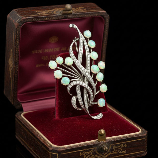 Art Deco Opal Brooch 9.5ct Floral Spray Antique Pin - Boylerpf