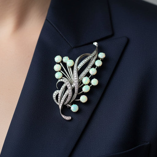 Art Deco Opal Brooch 9.5ct Floral Spray Antique Pin - Boylerpf