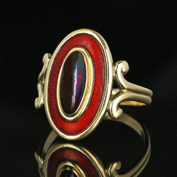 Art Deco Guilloche Enamel Garnet Cabochon Ring in 14K Gold - Boylerpf