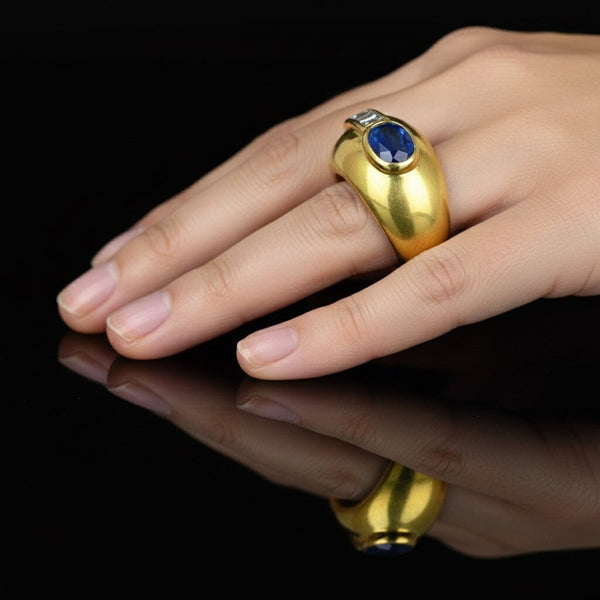 Vintage 18K Gold Dome Diamond Sapphire Ring Band - Boylerpf