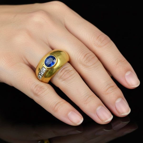 Vintage 18K Gold Dome Diamond Sapphire Ring Band - Boylerpf