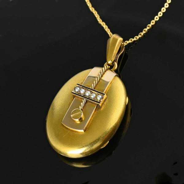Antique Victorian Pearl Solid 14K Gold Locket Necklace - Boylerpf