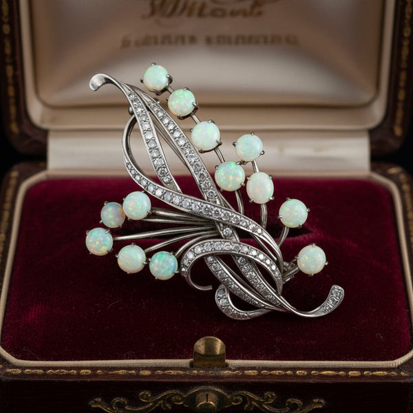 Art Deco Opal Brooch 9.5ct Floral Spray Antique Pin - Boylerpf