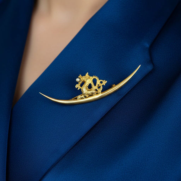 Art Nouveau 14K Gold Pearl Griffin Crescent Moon Brooch - Boylerpf