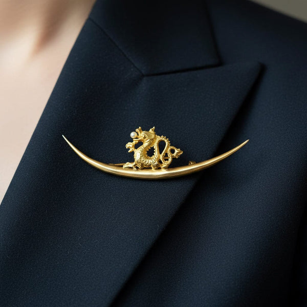 Art Nouveau 14K Gold Pearl Griffin Crescent Moon Brooch - Boylerpf