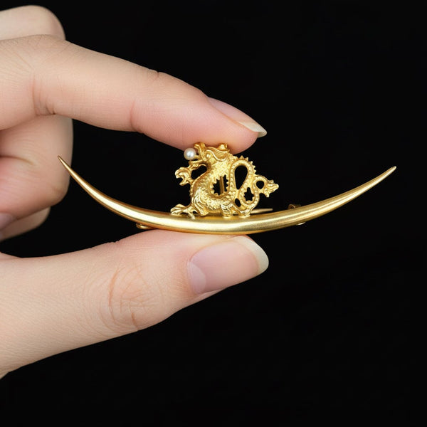 Art Nouveau 14K Gold Pearl Griffin Crescent Moon Brooch - Boylerpf