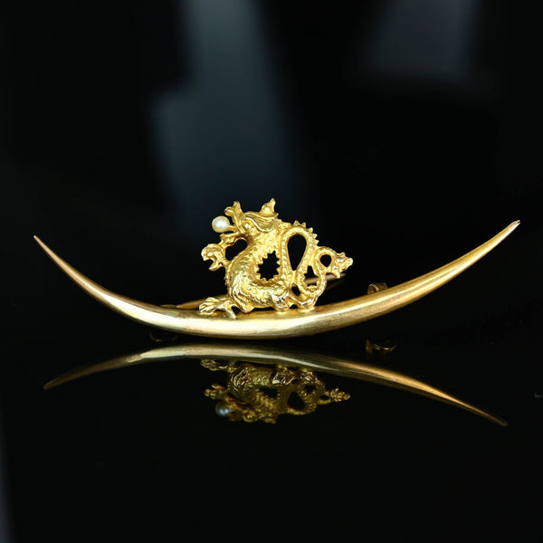 Art Nouveau 14K Gold Pearl Griffin Crescent Moon Brooch - Boylerpf