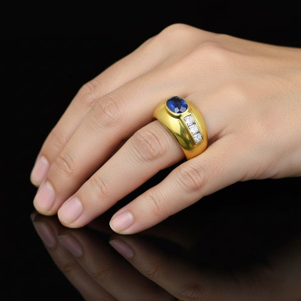 Vintage 18K Gold Dome Diamond Sapphire Ring Band - Boylerpf