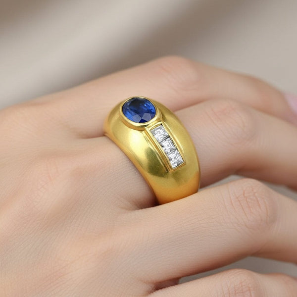 Vintage 18K Gold Dome Diamond Sapphire Ring Band - Boylerpf