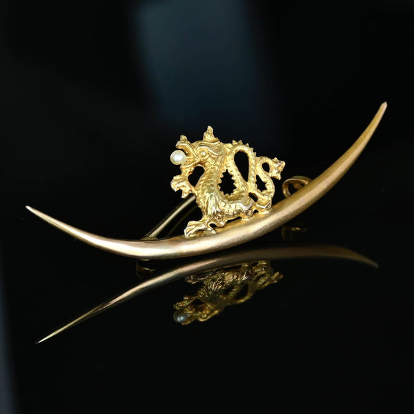 Art Nouveau 14K Gold Pearl Griffin Crescent Moon Brooch - Boylerpf