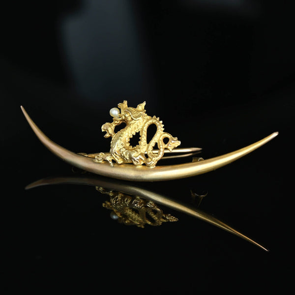 Art Nouveau 14K Gold Pearl Griffin Crescent Moon Brooch - Boylerpf