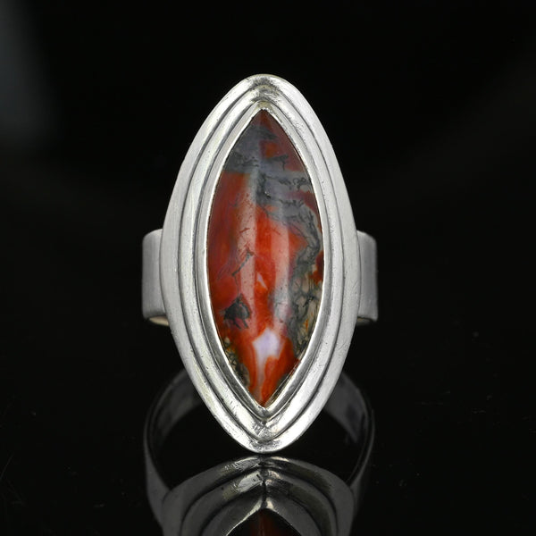 Large Marquise Cabochon Moss Agate Ring in Silver - Boylerpf