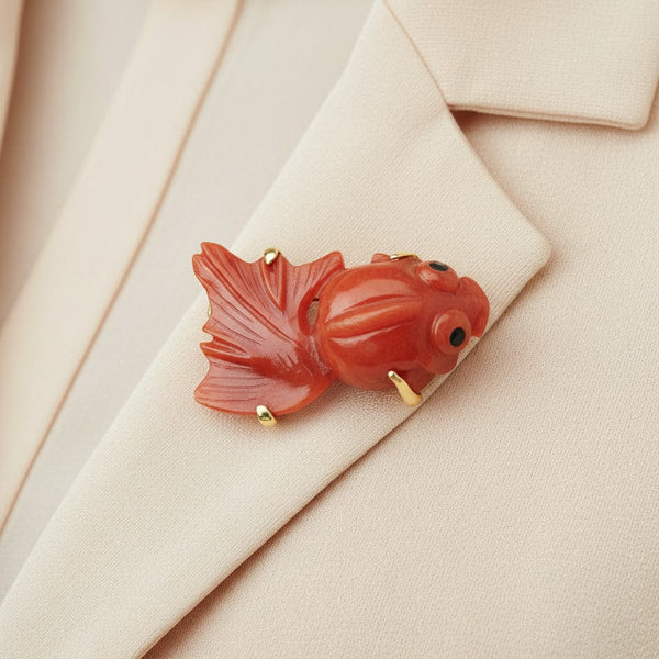 Vintage 14K Gold Koi Fish Red Jadeite Jade Brooch