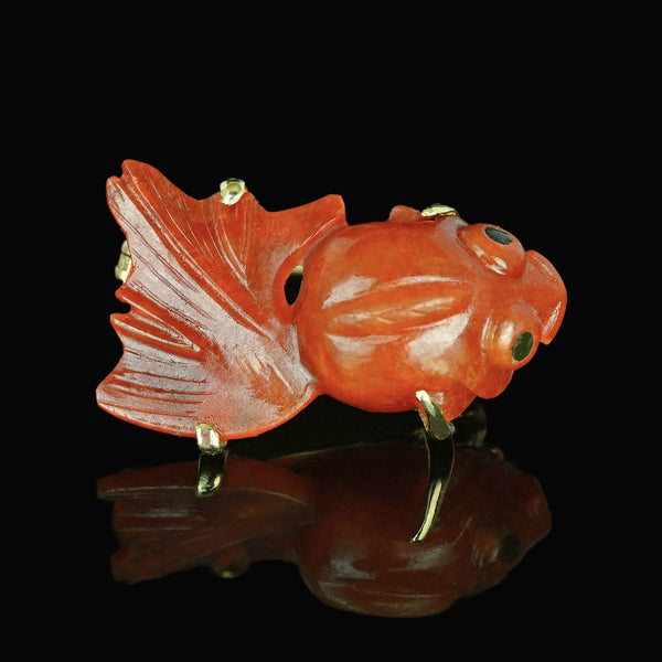 Vintage 14K Gold Koi Fish Red Jadeite Jade Brooch