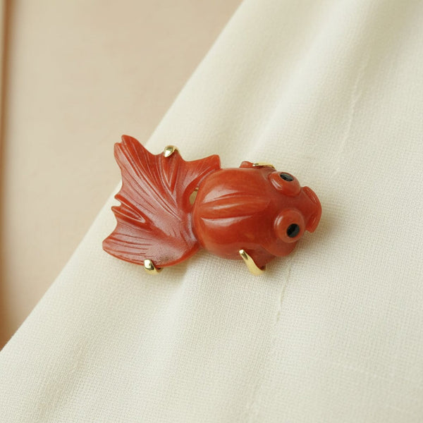 Vintage 14K Gold Koi Fish Red Jadeite Jade Brooch