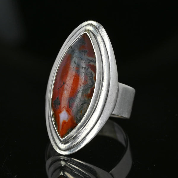 Large Marquise Cabochon Moss Agate Ring in Silver - Boylerpf