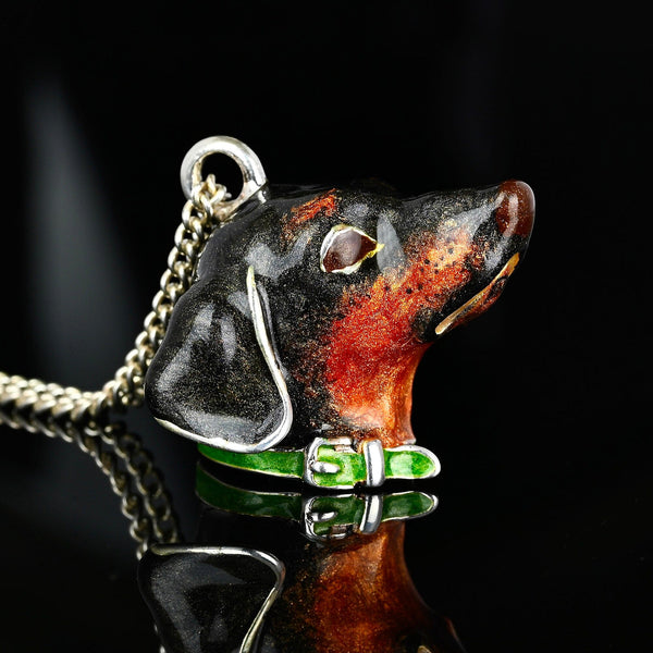 Heavy Solid Silver Dachshund Dog Enamel Pendant Necklace - Boylerpf