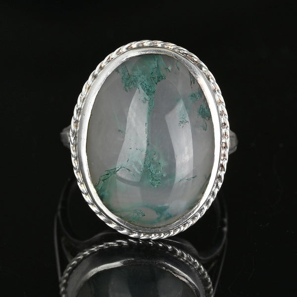 English Silver Large Oval Cabochon Moss Agate Ring - Boylerpf