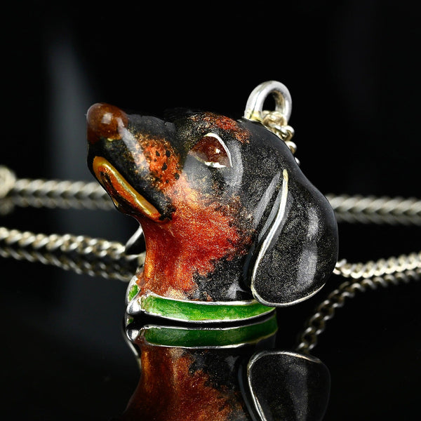 Heavy Solid Silver Dachshund Dog Enamel Pendant Necklace - Boylerpf
