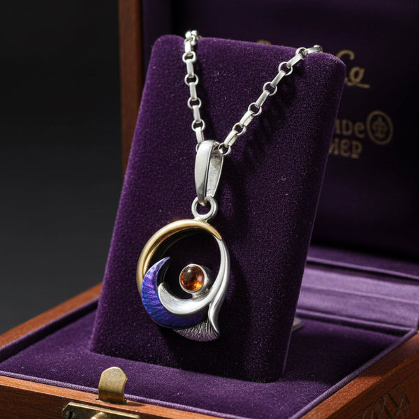 Sterling Silver Moon Pendant with Amber & Titanium