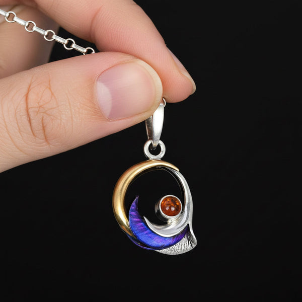 Sterling Silver Moon Pendant with Amber & Titanium
